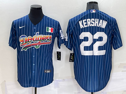 Men's Los Angeles Dodgers #22 Clayton Kershaw Navy Mexico Rainbow Cool Base Stitched Baseball Jersey